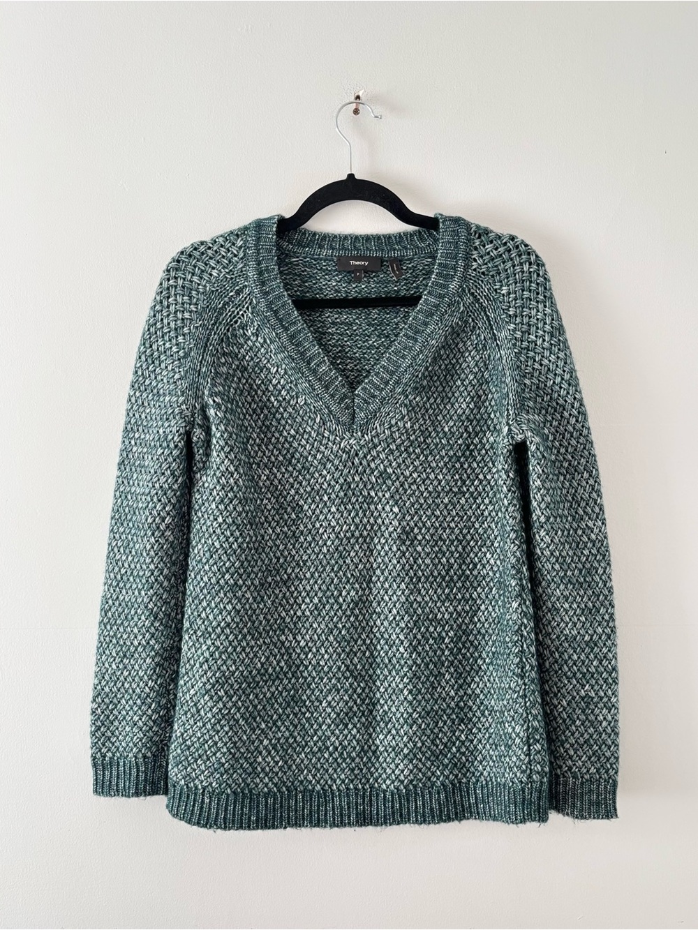 Theory Wool V-Neck Sweater Thick Marled Knit Pullover Textured Green Blue